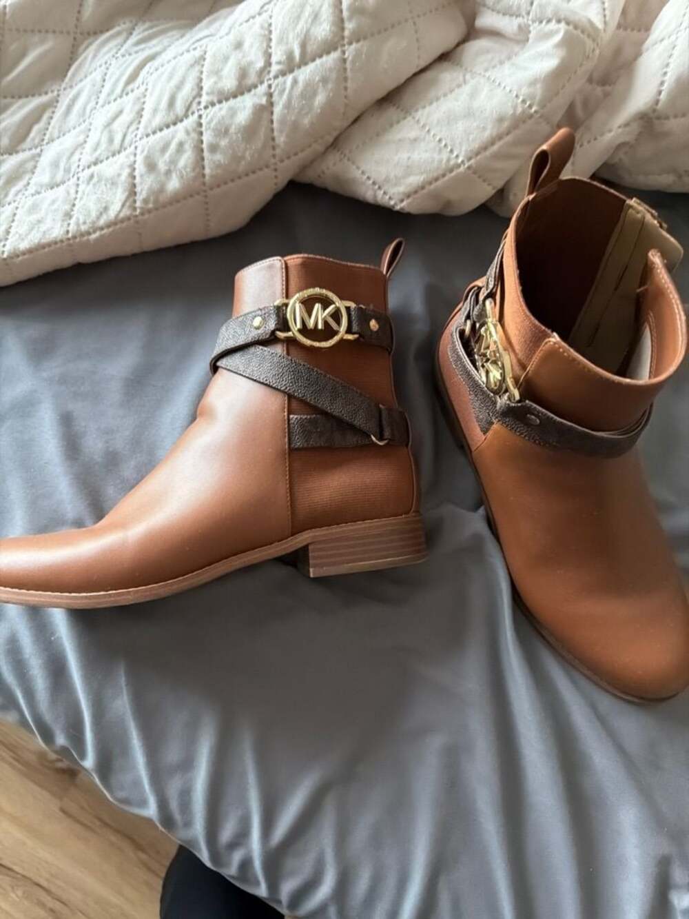 Michael Kors Brown Leather Logo Strap Ankle Boots